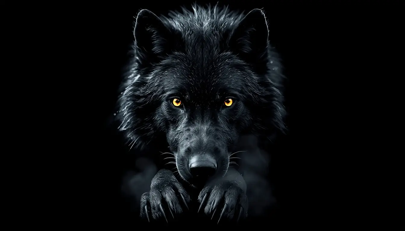 Black wolf with glowing amber eyes on pure dark background, amoled-black-wallpaper-4k ultra HD animal phone wallpaper
