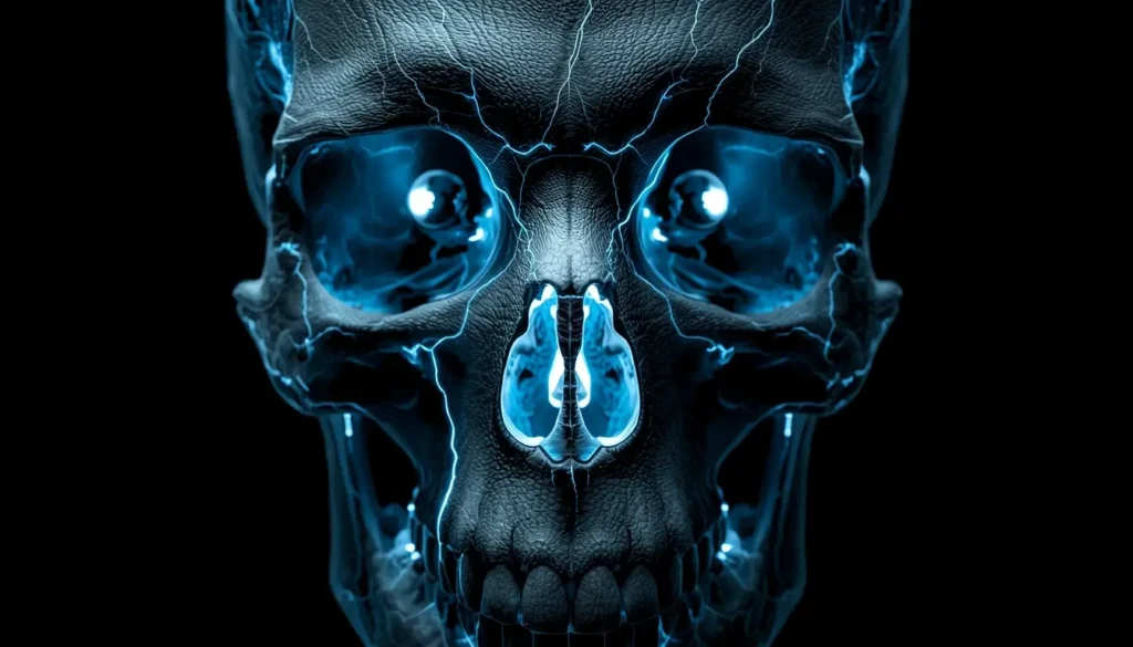 Electric blue glowing skull on deep black background amoled black wallpaper 4k style