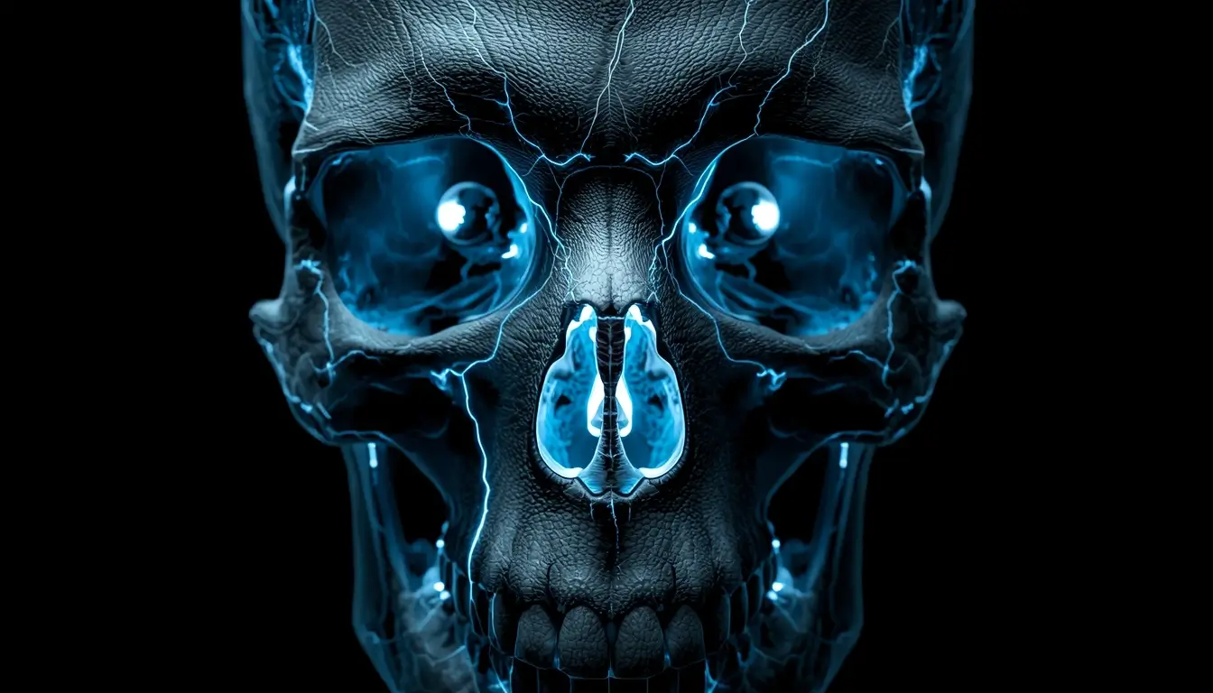 Electric blue glowing skull on deep black background amoled black wallpaper 4k style