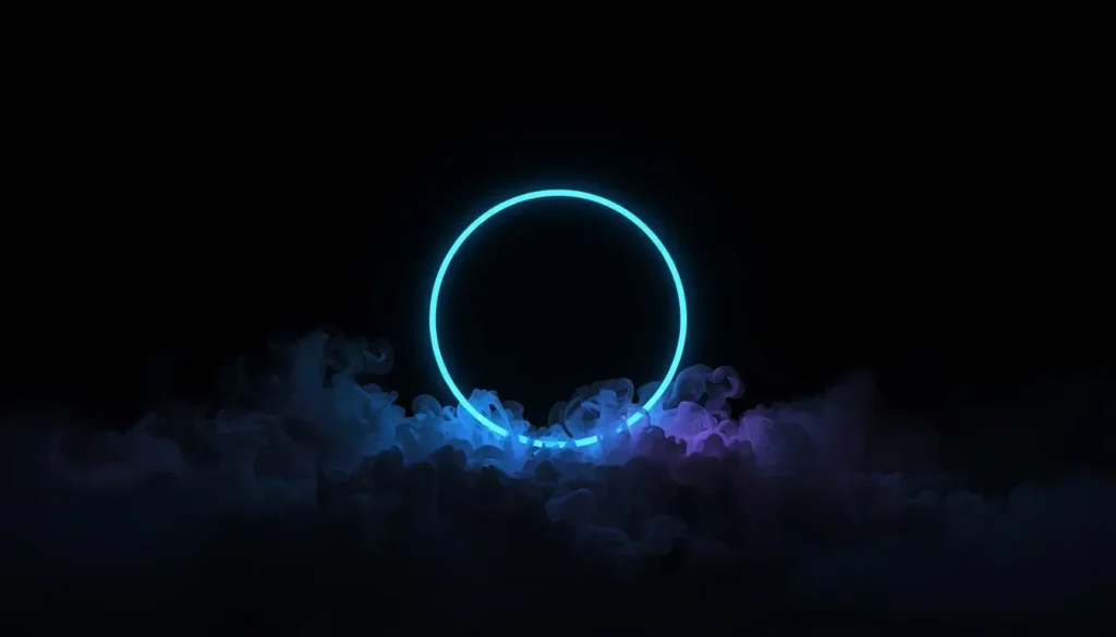 Glowing neon blue circle in dark smoke on pure black background amoled wallpaper 4k style