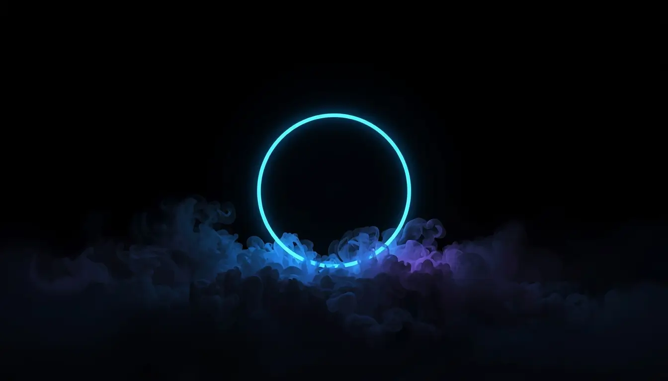 Glowing neon blue circle in dark smoke on pure black background amoled wallpaper 4k style