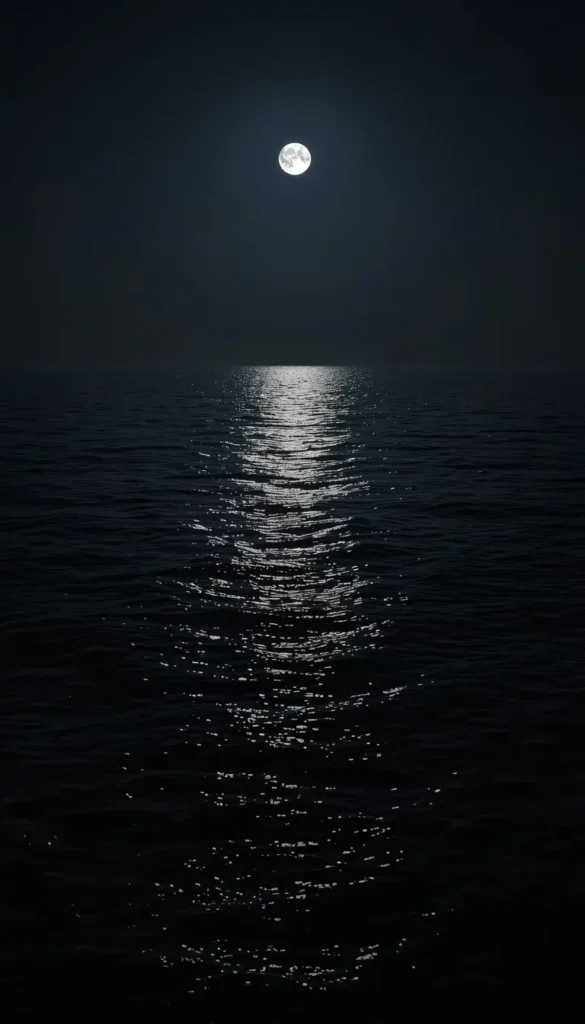 Serene full moon shining over a calm midnight ocean with shimmering reflections across dark water, perfect as an amoled-wallpaper-4k for phones. Deep blacks and soft highlights create a peaceful night aesthetic that looks stunning on AMOLED displays while saving battery. Great choice for fans of dark amoled wallpaper, amoled black wallpaper 4k, and ultra hd 4k amoled wallpaper 1440p with a minimal nature vibe.