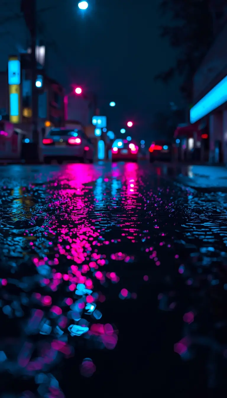 Neon pink and blue reflections on wet street at night amoled wallpaper 4k style