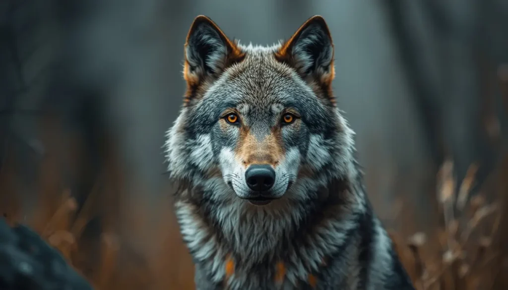 Majestic wolf animal wallpaper with sharp eyes and detailed fur in a soft natural forest background
