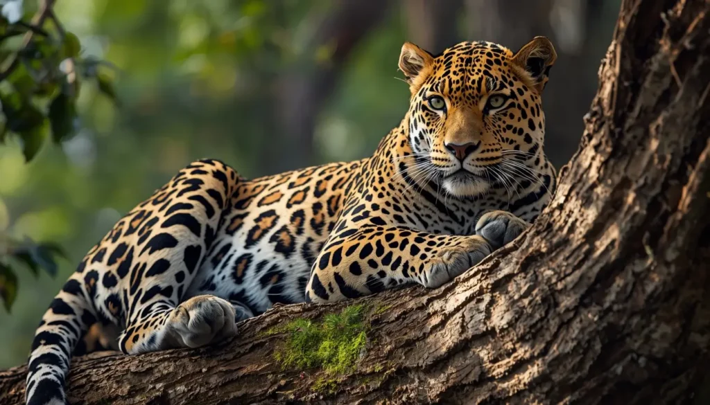 Leopard animal wallpaper resting on a tree branch with detailed spotted fur in a natural forest setting