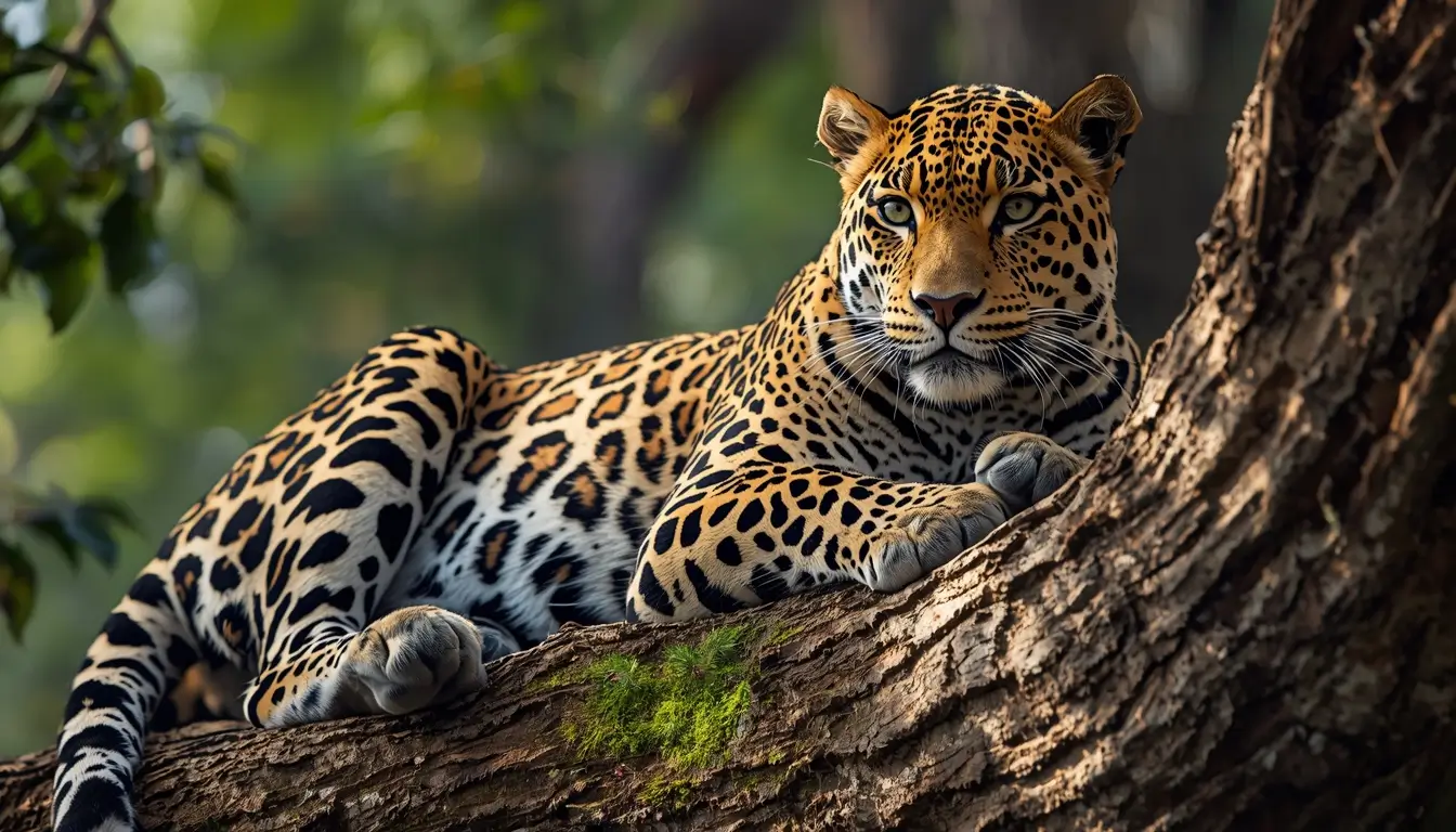 Leopard animal wallpaper resting on a tree branch with detailed spotted fur in a natural forest setting