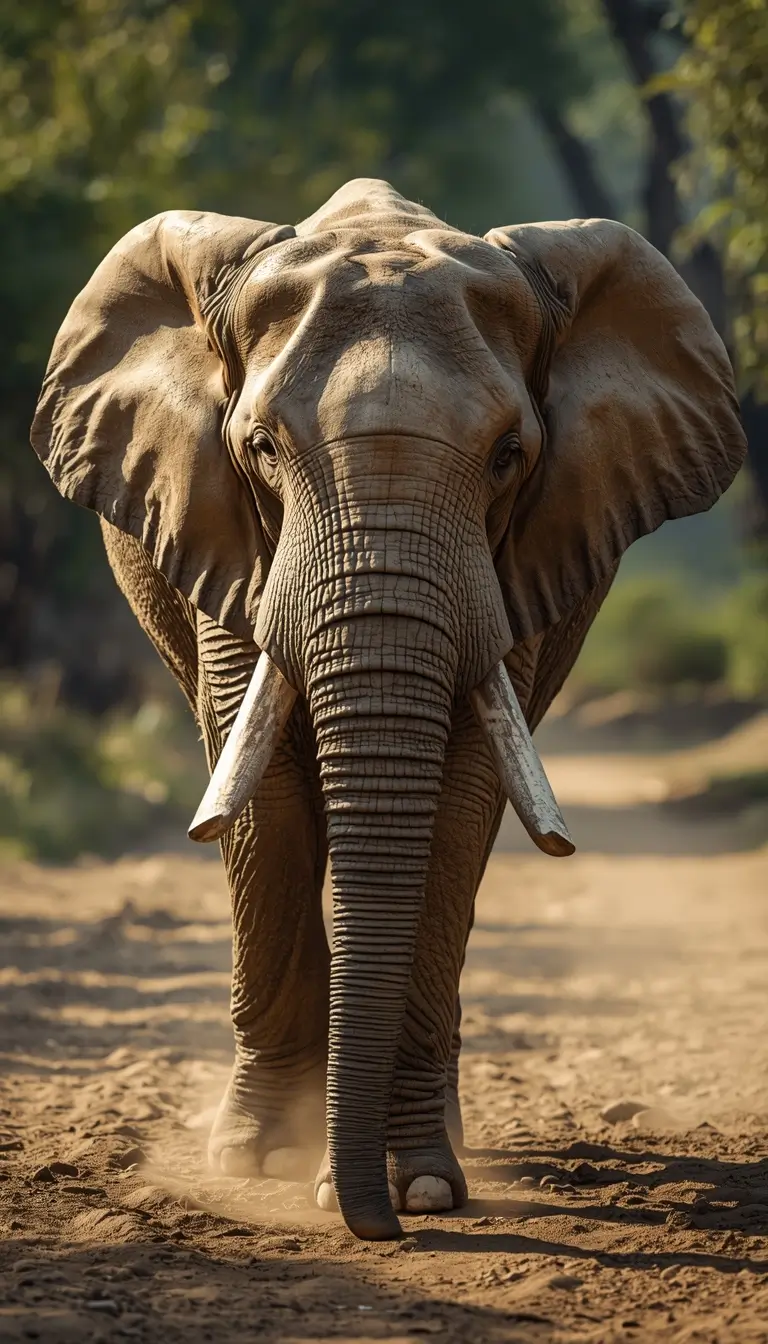 Wild elephant animal wallpaper walking on a dusty forest path with detailed skin and natural daylight