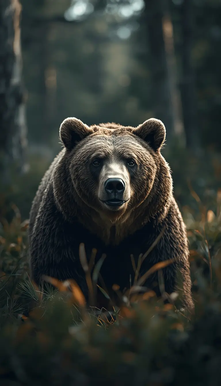 Wild bear animal wallpaper standing in a forest with detailed fur and soft natural lighting