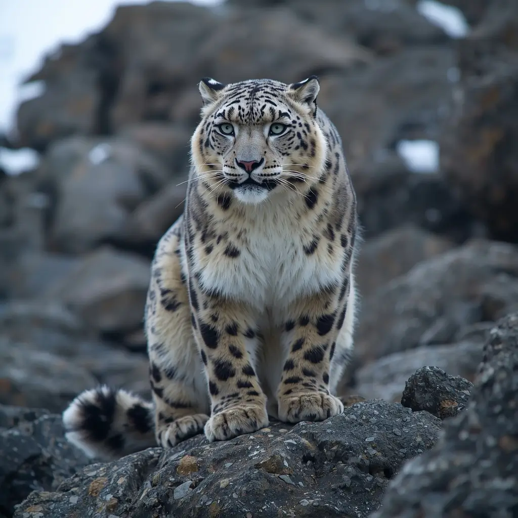 Snow leopard animal wallpaper sitting on rocky mountains with detailed fur and sharp blue eyes
