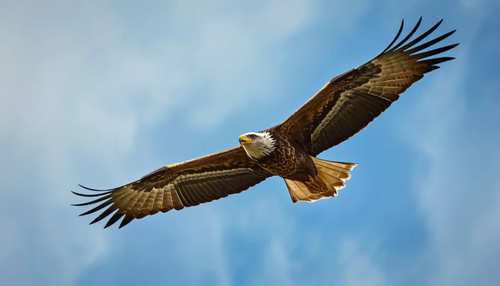 Flying eagle animal wallpaper with wide wingspan and detailed feathers against a clear blue sky