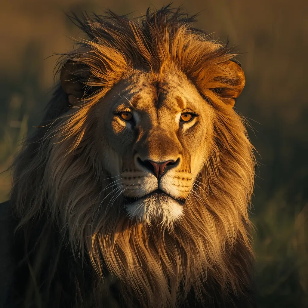 Majestic lion animal wallpaper with golden mane and intense eyes in warm golden hour sunlight
