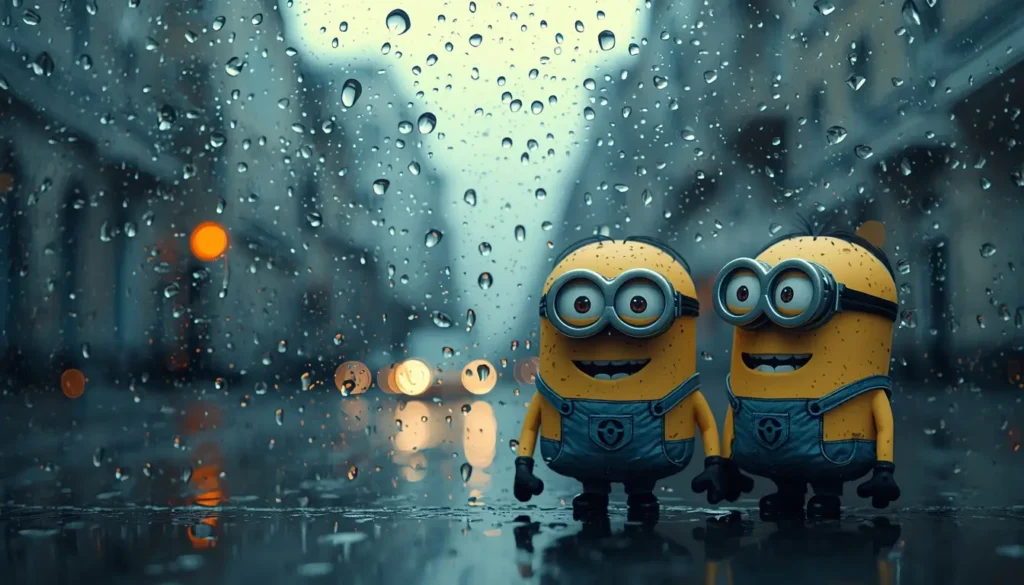 Background minions wallpaper showing two Minions on a wet city street behind rain covered glass with blurred lights at night.