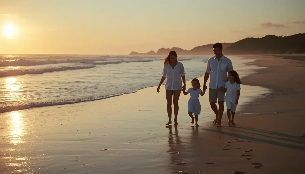Beach-family-photos-sunset of parents and children walking barefoot along shoreline in warm golden sunset light