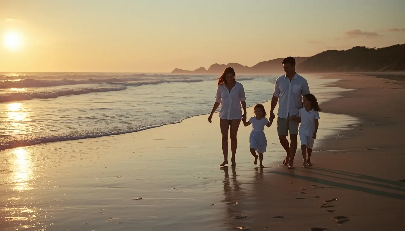 Beach-family-photos-sunset of parents and children walking barefoot along shoreline in warm golden sunset light