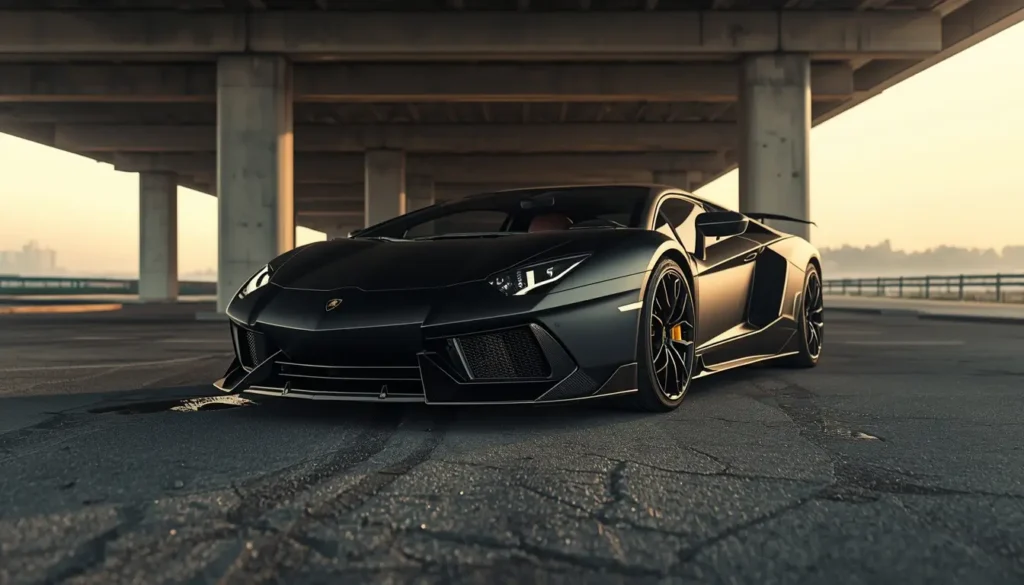 black-car-wallpaper-4k matte black supercar under city overpass with dramatic lighting and sharp urban background