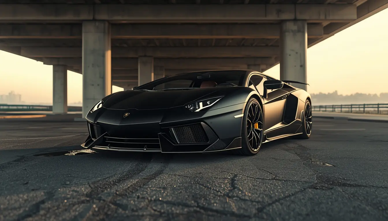 black-car-wallpaper-4k matte black supercar under city overpass with dramatic lighting and sharp urban background