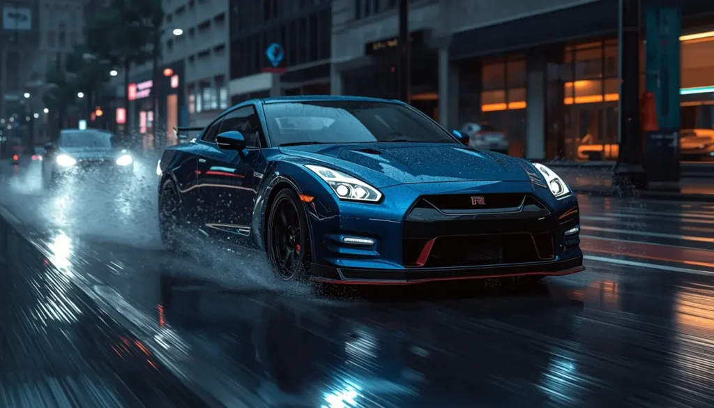 black-car-wallpaper-4k blue sports car driving fast in rainy city at night with water splash and neon reflections