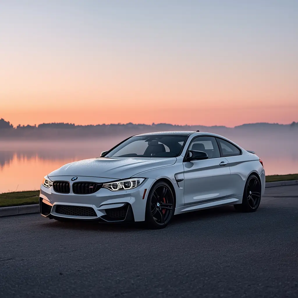 black-car-wallpaper-4k BMW coupe parked by lake at sunrise with mist and cinematic lighting perfect for iphone car wallpaper