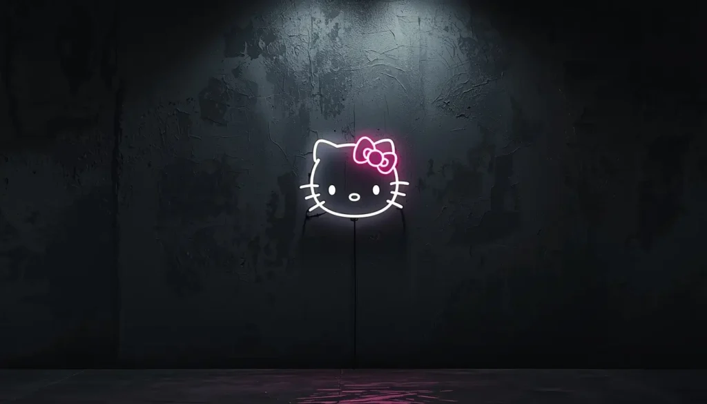 black-hello-kitty-wallpaper showing a glowing Hello Kitty neon sign on a dark textured wall with moody lighting