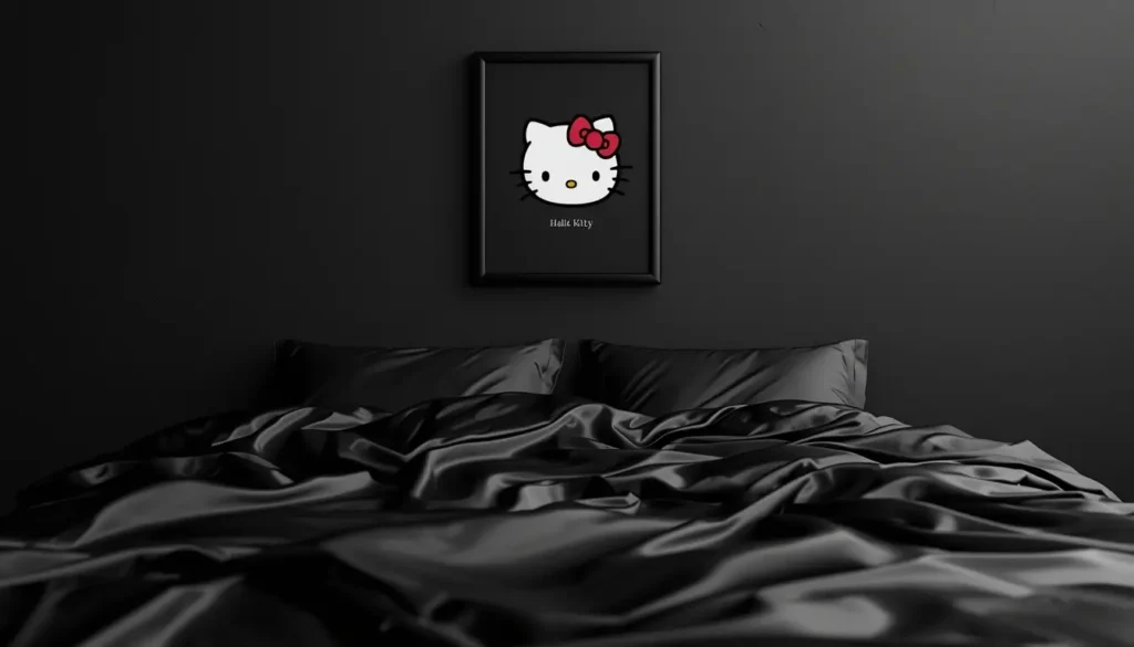 black-hello-kitty-wallpaper showing a dark bedroom with black satin bed and framed Hello Kitty art on a matte black wall