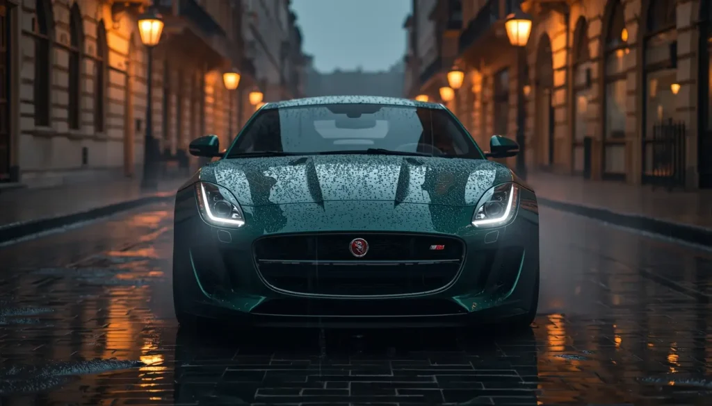 car-wallpaper-iphone green sports car on rainy city street at night with glowing lamps and wet reflections