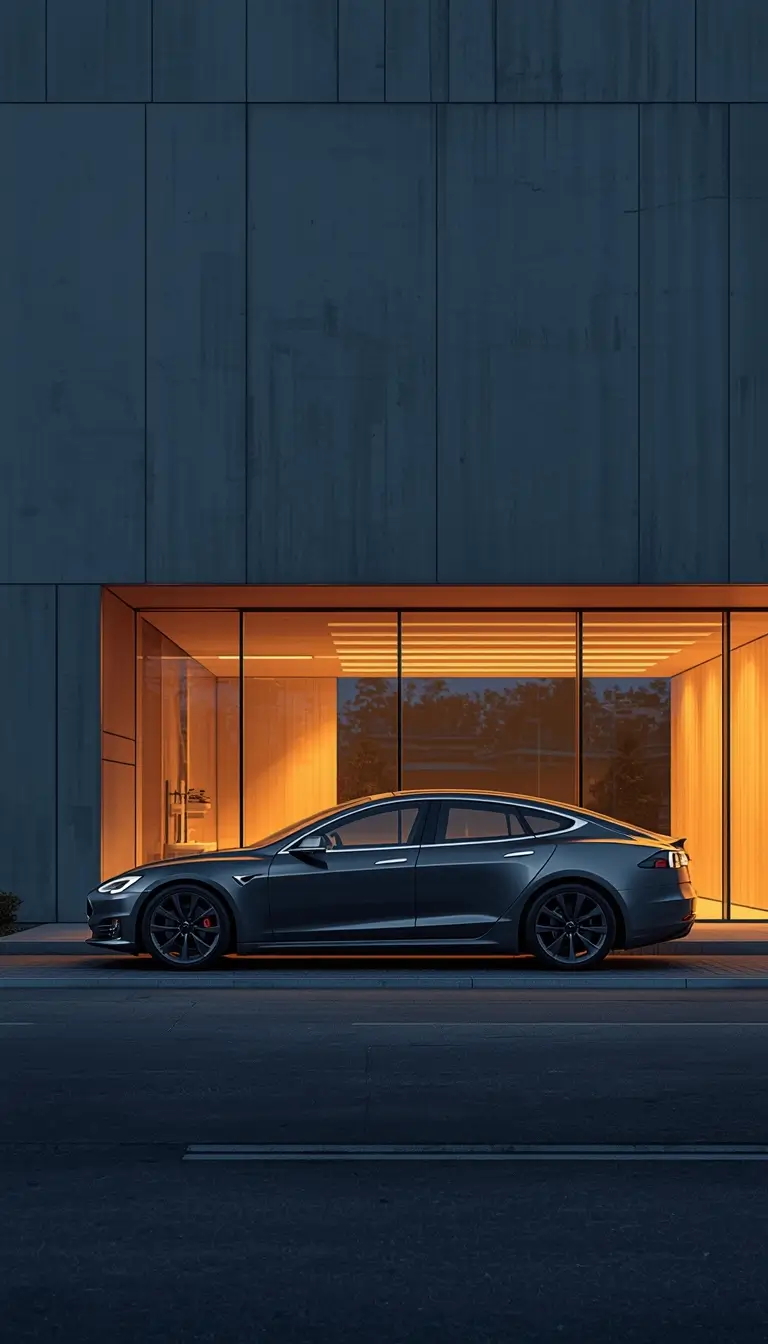 car-wallpaper-iphone matte grey sedan parked outside modern building at night with warm lights and minimalist city background