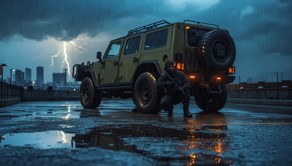 Tactical operator crouching beside off road vehicle in rain with lightning, cool r6 wallpapers style storm scene