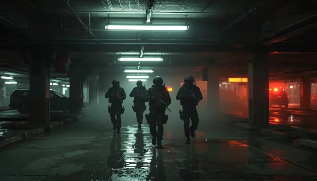 Tactical team running through dark parking garage with wet floor reflections and red lights cool r6 wallpapers background