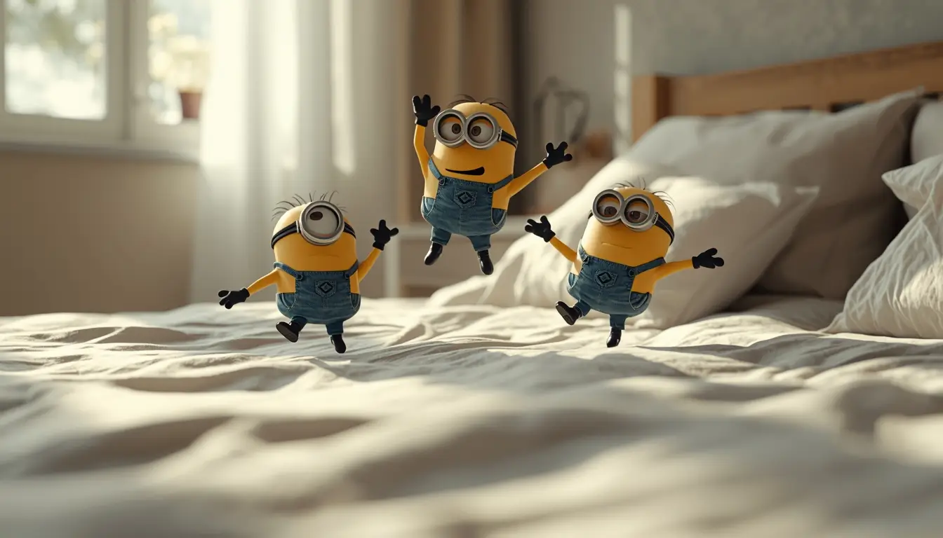 Delightful cute minions wallpaper showing playful characters jumping happily on a soft bed in a bright cozy bedroom. Warm sunlight, gentle shadows, and soft textures create a cheerful and relaxing background minions wallpaper. Perfect as a minions desktop wallpaper or minion wallpaper for computer, this scene captures pure fun and adorable energy in high quality.