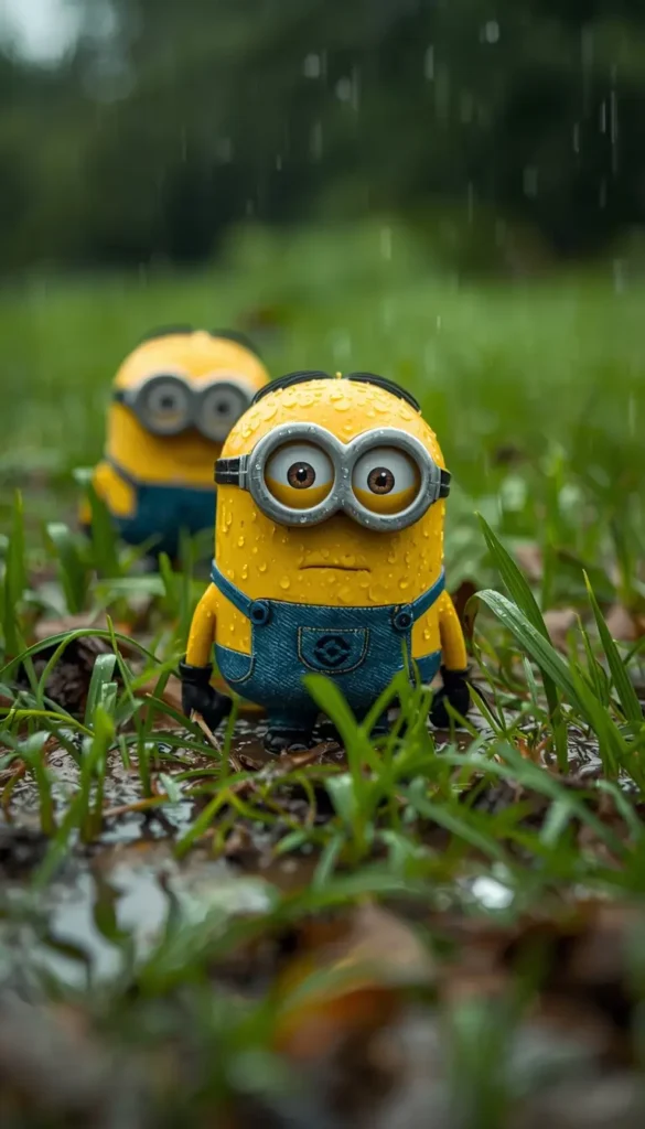 Cute minions wallpaper showing an adorable Minion standing in wet grass in the rain with water droplets and a soft green background.