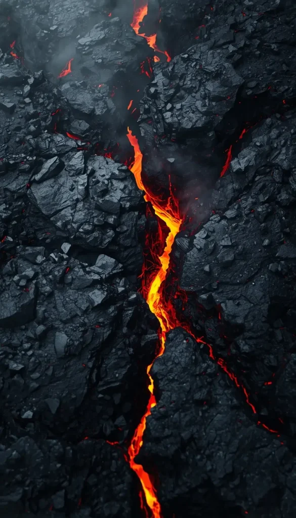 Glowing lava crack through dark volcanic rock dark amoled wallpaper 4k style
