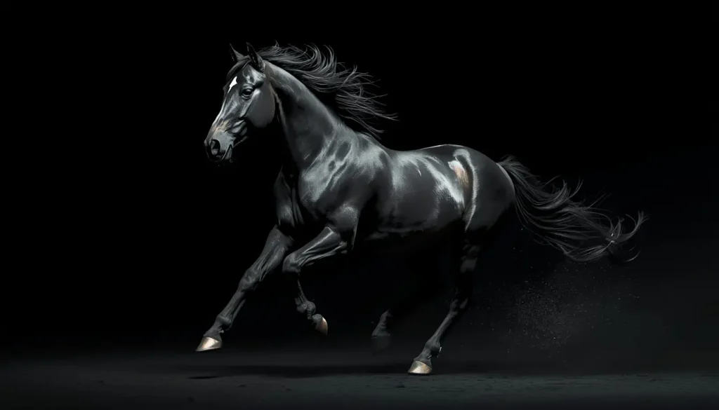 Black stallion running in darkness with glossy highlights, dark-amoled-wallpaper ultra HD powerful horse wallpaper