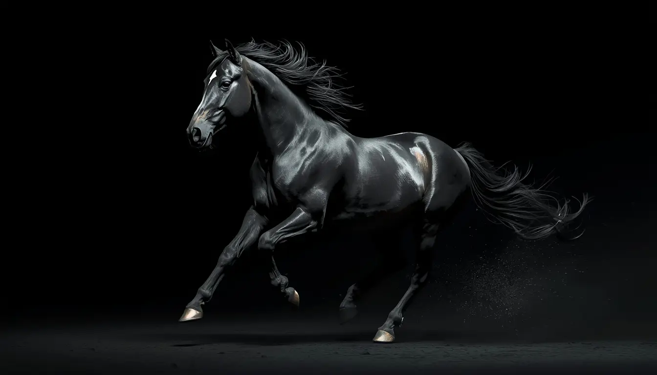 Black stallion running in darkness with glossy highlights, dark-amoled-wallpaper ultra HD powerful horse wallpaper