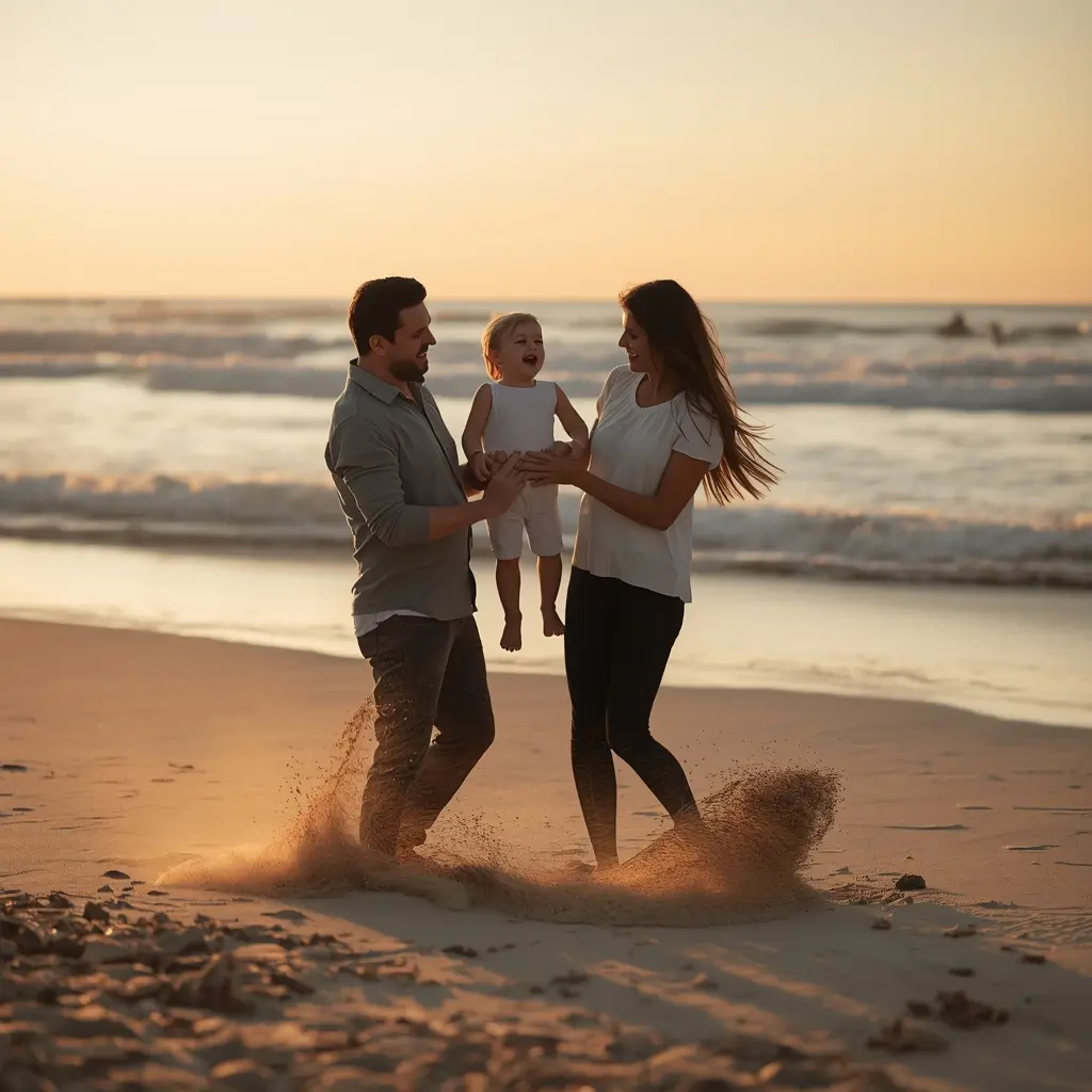 Family-beach-photos-sunset of parents lifting baby while playing on sand near ocean during warm golden hour light
