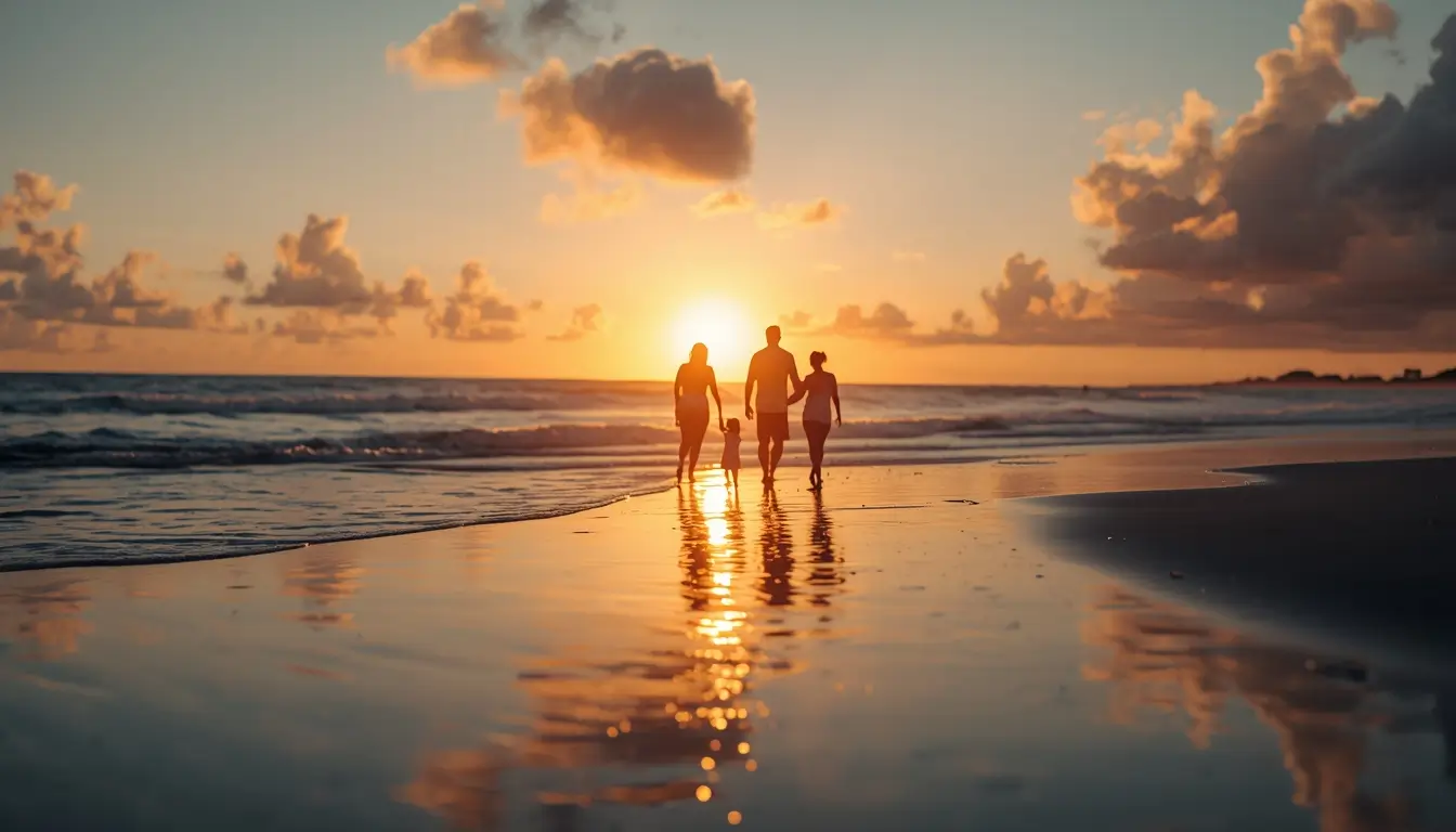 Family-beach-sunset-photo of parents and children walking along shoreline with glowing sunset and reflections on wet sand