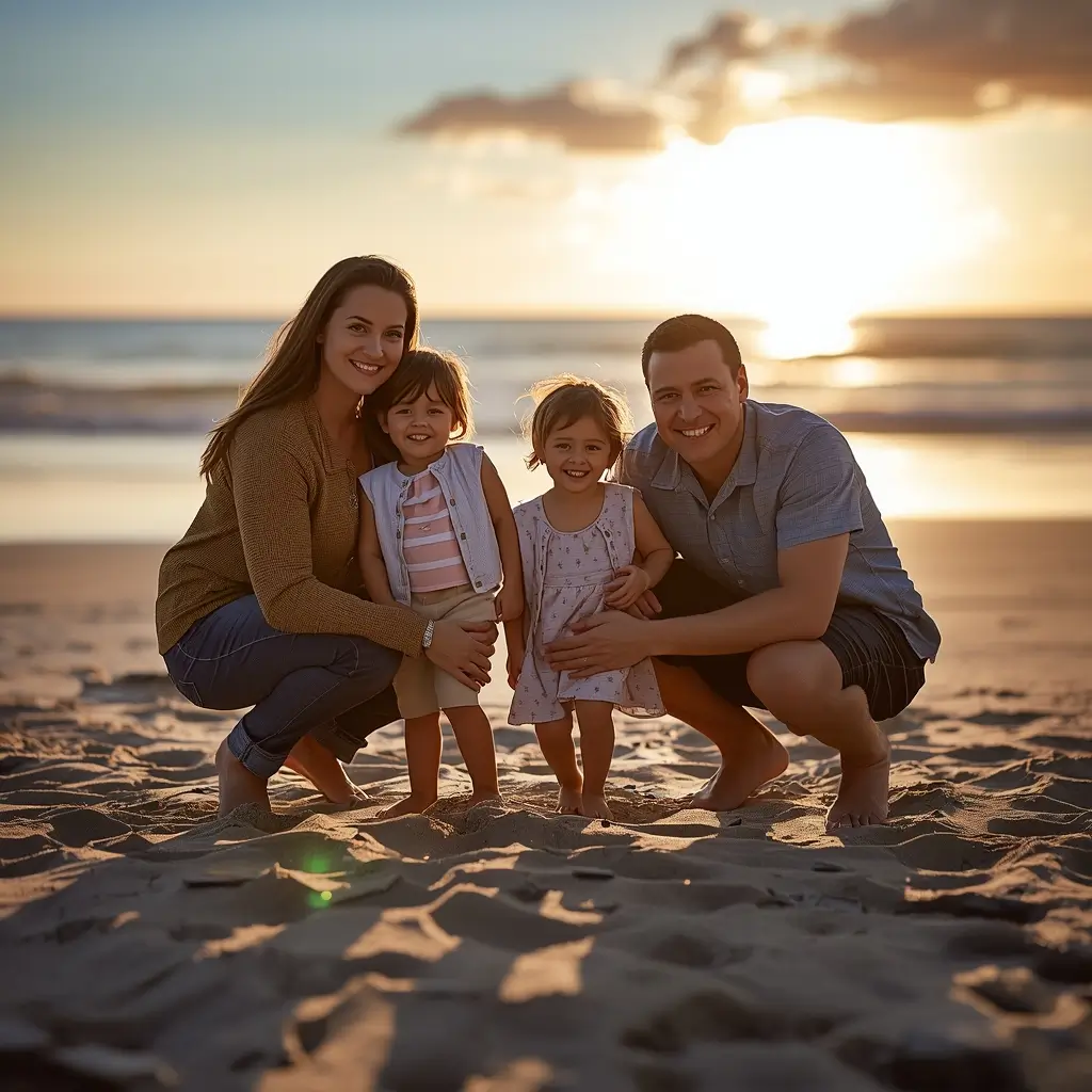 Family-sunset-beach-photo of smiling parents and two children posing on sandy beach with warm golden sunset light behind them