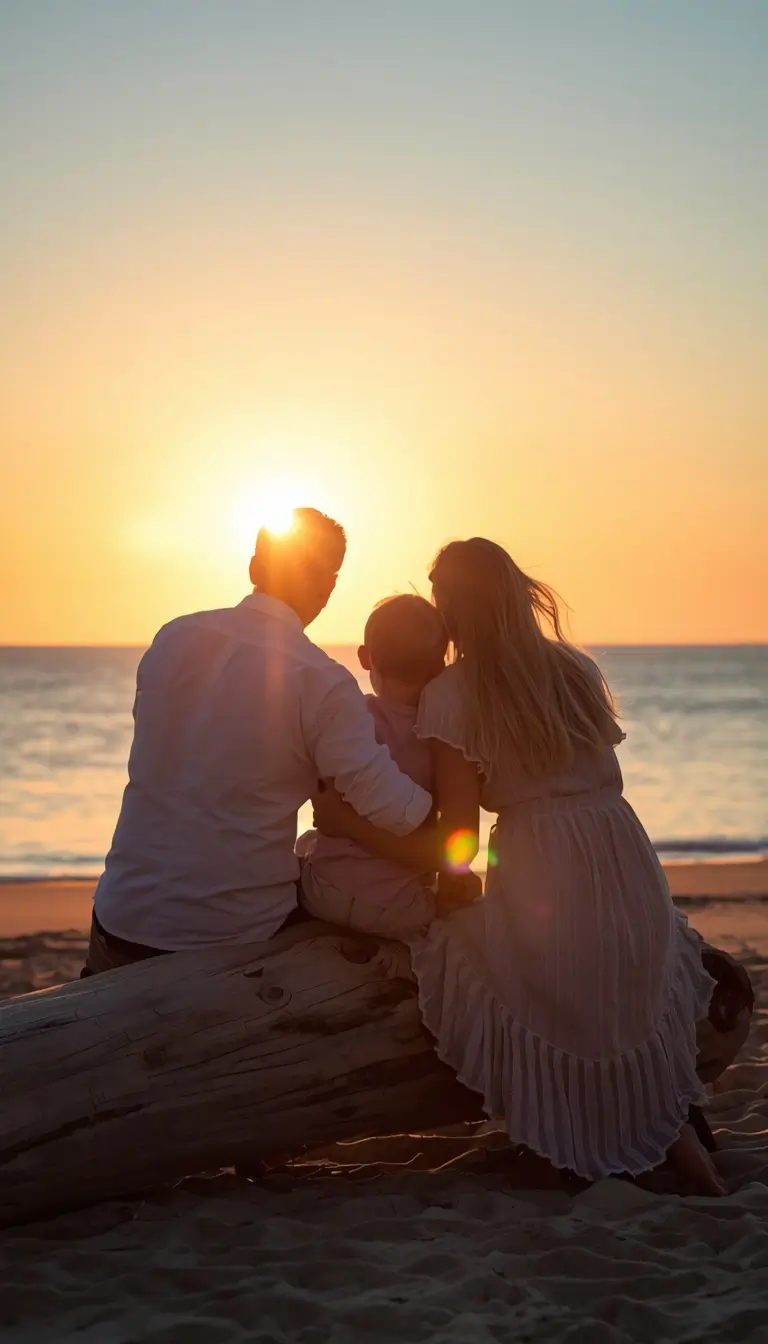 Family-sunset-beach-photo of parents and child sitting on driftwood watching the ocean sunset in warm golden light