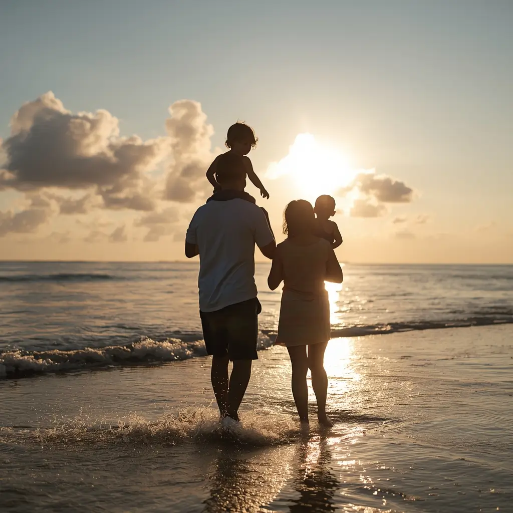 Family-sunset-beach-photos of parents carrying kids while walking through shallow ocean waves during glowing sunset light