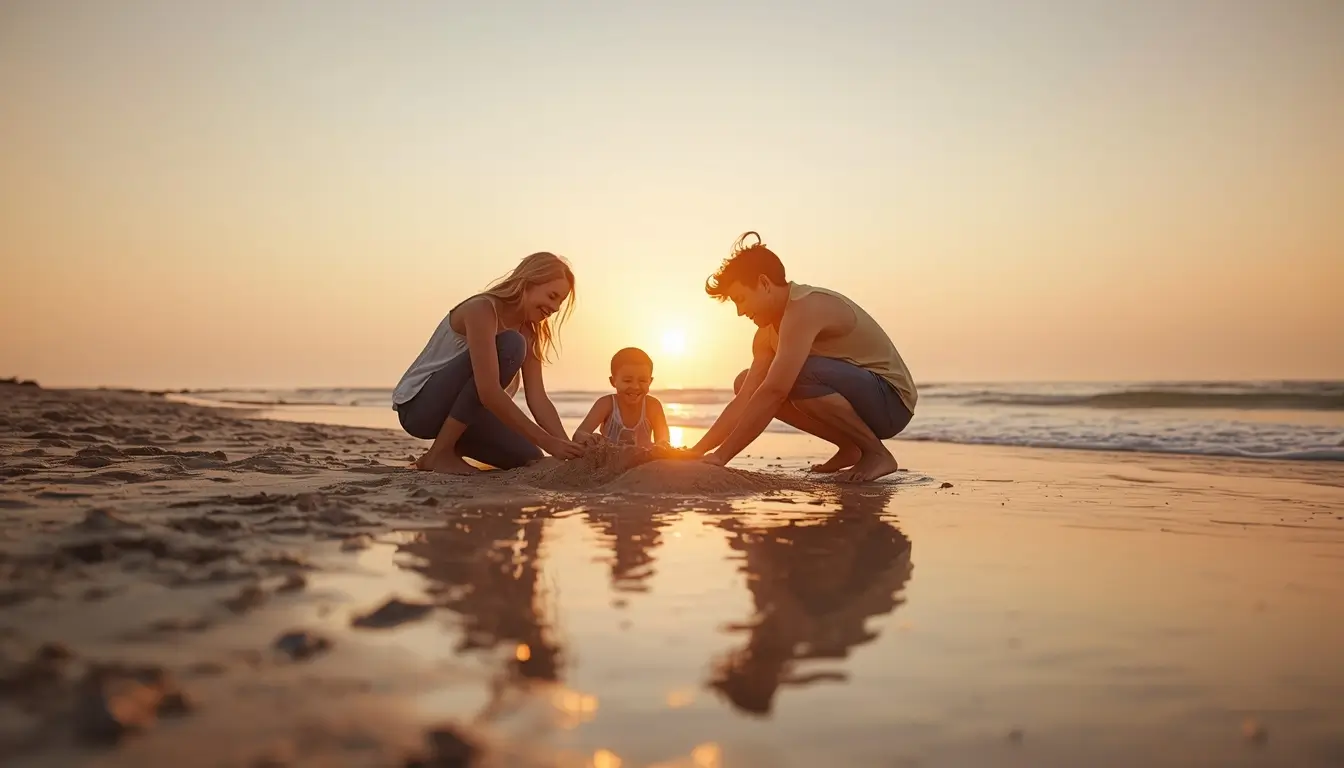 Family-sunset-beach-photos of parents and child playing with sand near shoreline during warm sunset with soft reflections