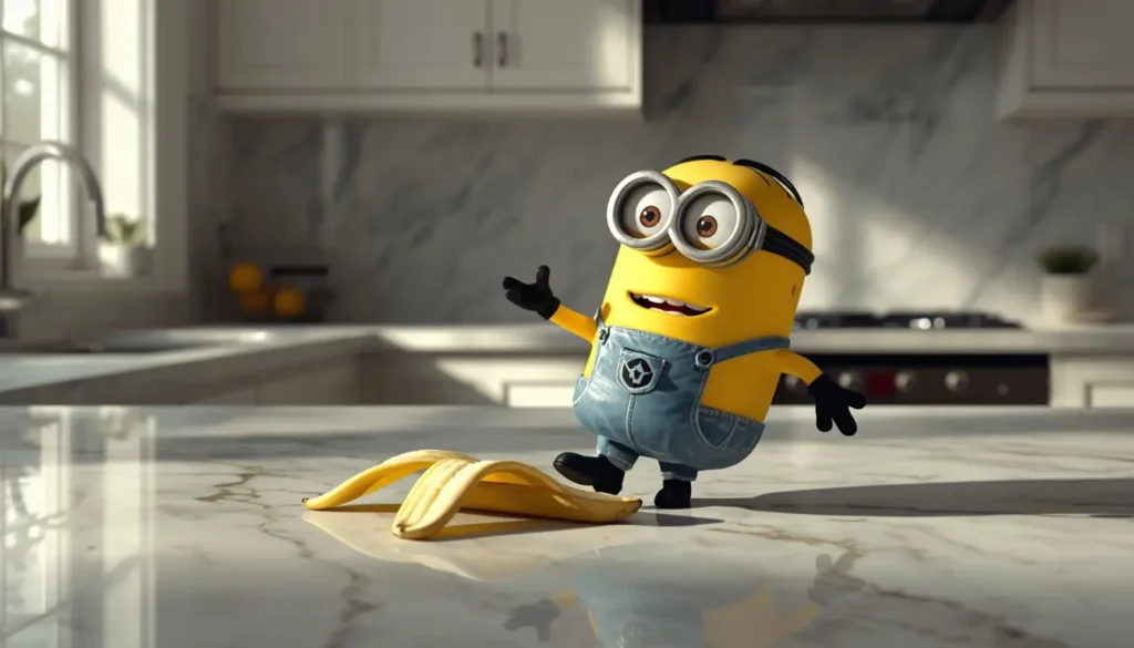 Funny minion wallpapers showing a Minion slipping on a banana peel on a marble kitchen floor in a bright modern home setting.