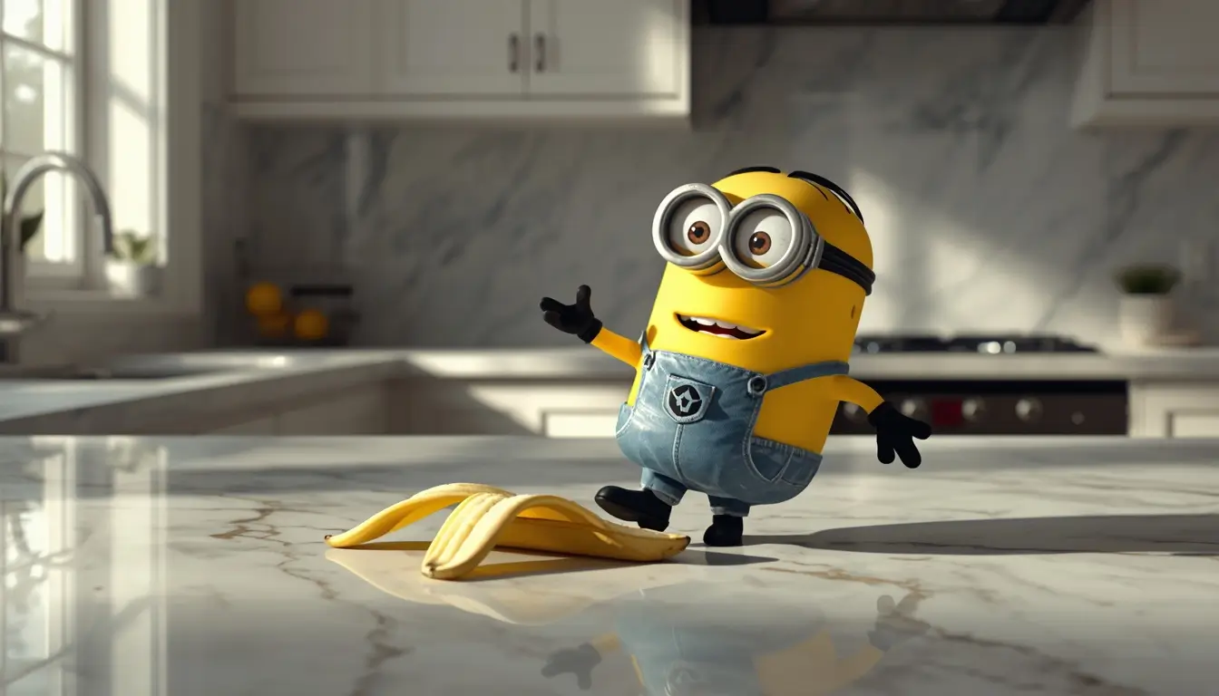 Funny minion wallpapers showing a Minion slipping on a banana peel on a marble kitchen floor in a bright modern home setting.
