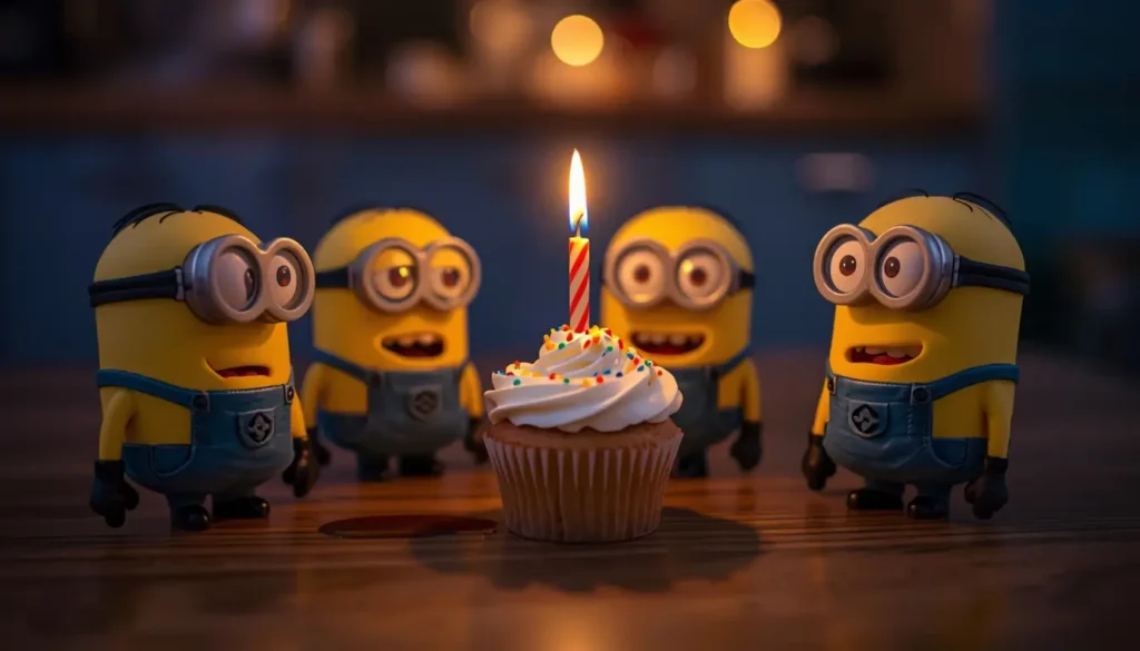 Funny minion wallpapers showing cute Minions gathered around a birthday cupcake with a candle in a warm, dark party setting.