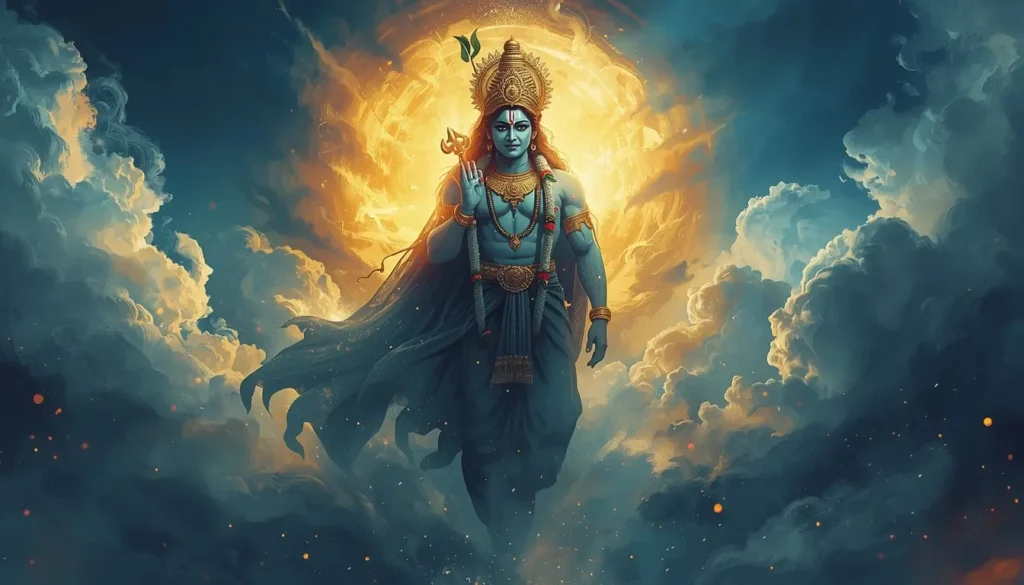god-sri-krishna-wallpaper showing Lord Krishna with golden halo aura standing in clouds in a divine cinematic art style