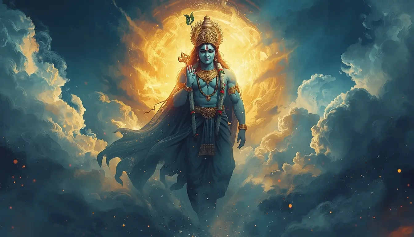 god-sri-krishna-wallpaper showing Lord Krishna with golden halo aura standing in clouds in a divine cinematic art style