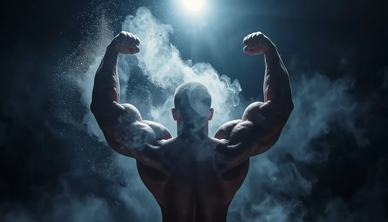 gym-motivation-wallpaper bodybuilder flexing muscles under spotlight with chalk dust and smoke after intense workout