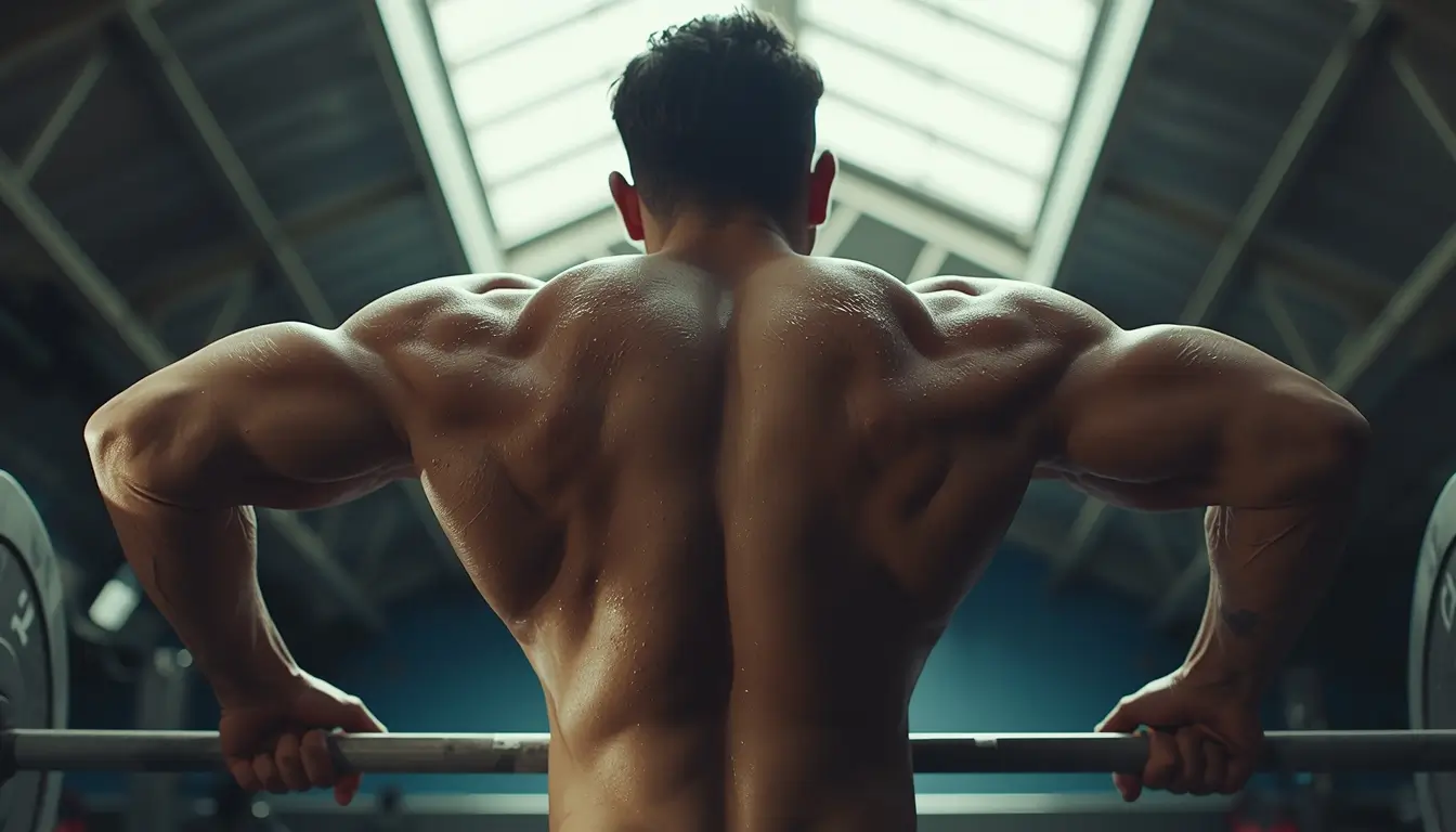 Muscular athlete lifting barbell showing powerful back muscles — gym-motivation-wallpaper for strength training inspiration