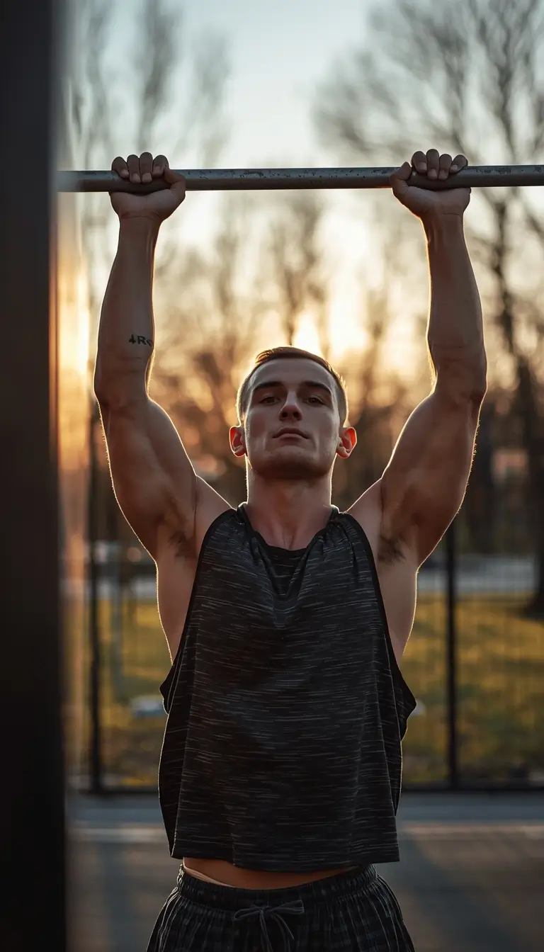 Athlete doing pull-ups on outdoor bar at sunset — gym-motivation-wallpaper for bodyweight training inspiration