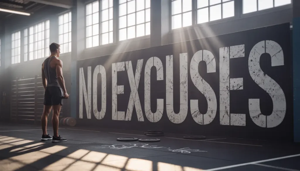 Athlete standing before large NO EXCUSES wall in gym — gym-motivation-wallpaper for discipline and focus