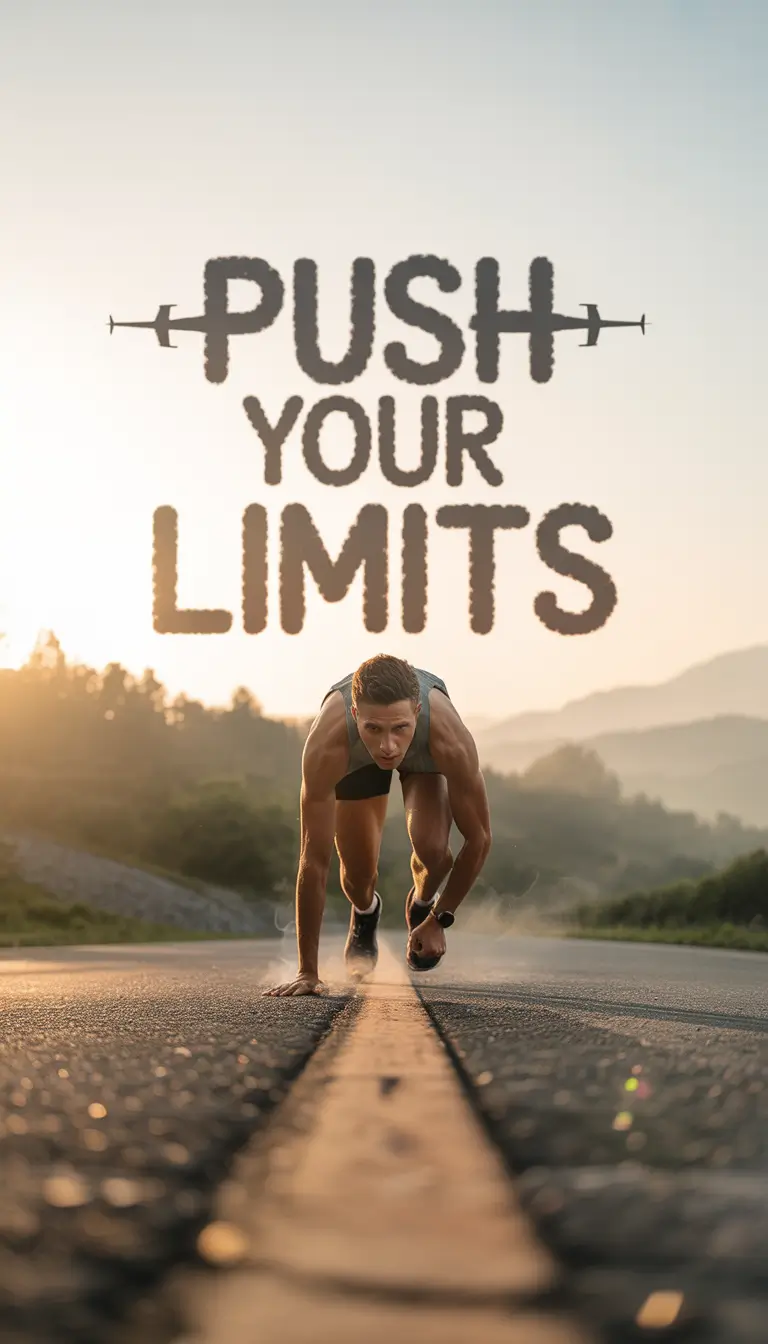 Athlete sprinting on road at sunrise with Push Your Limits text — gym-motivation-wallpaper for endurance and drive