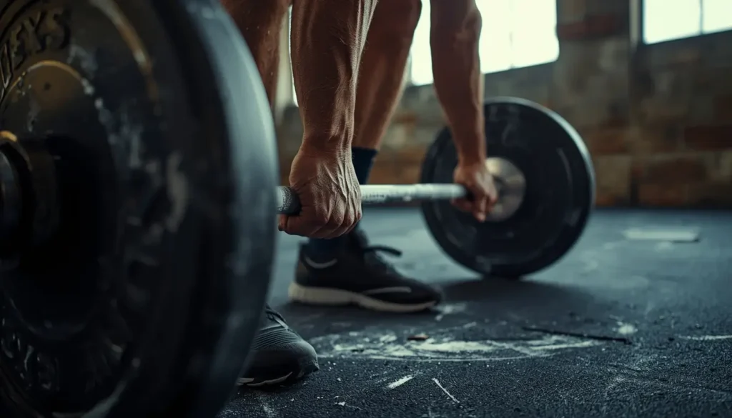 Close-up of athlete gripping heavy barbell for deadlift — gym-motivation-wallpaper for powerlifting inspiration